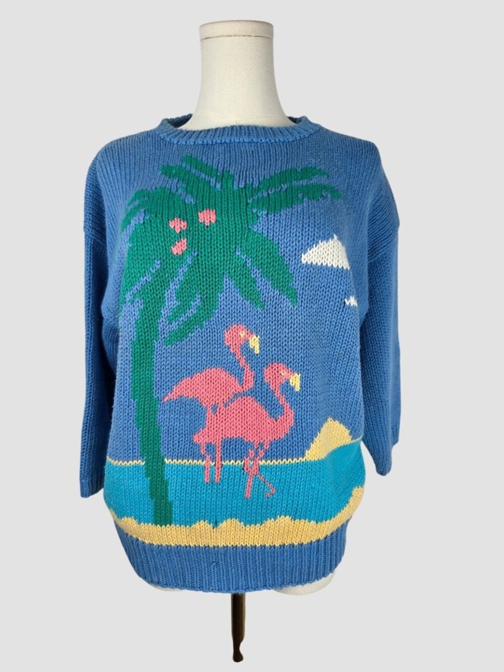 Vtg Robert Scott Hand Knit Sweater L 90s Flamingo Palm Tree Tropical Novelty
